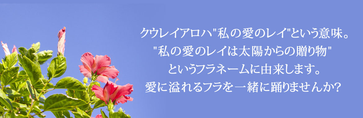 クウレイアロハ"私の愛のレイ"という意味。 "私の愛のレイは太陽からの贈り物"というフラネームに由来します。 愛に溢れるフラを一緒に踊りませんか？